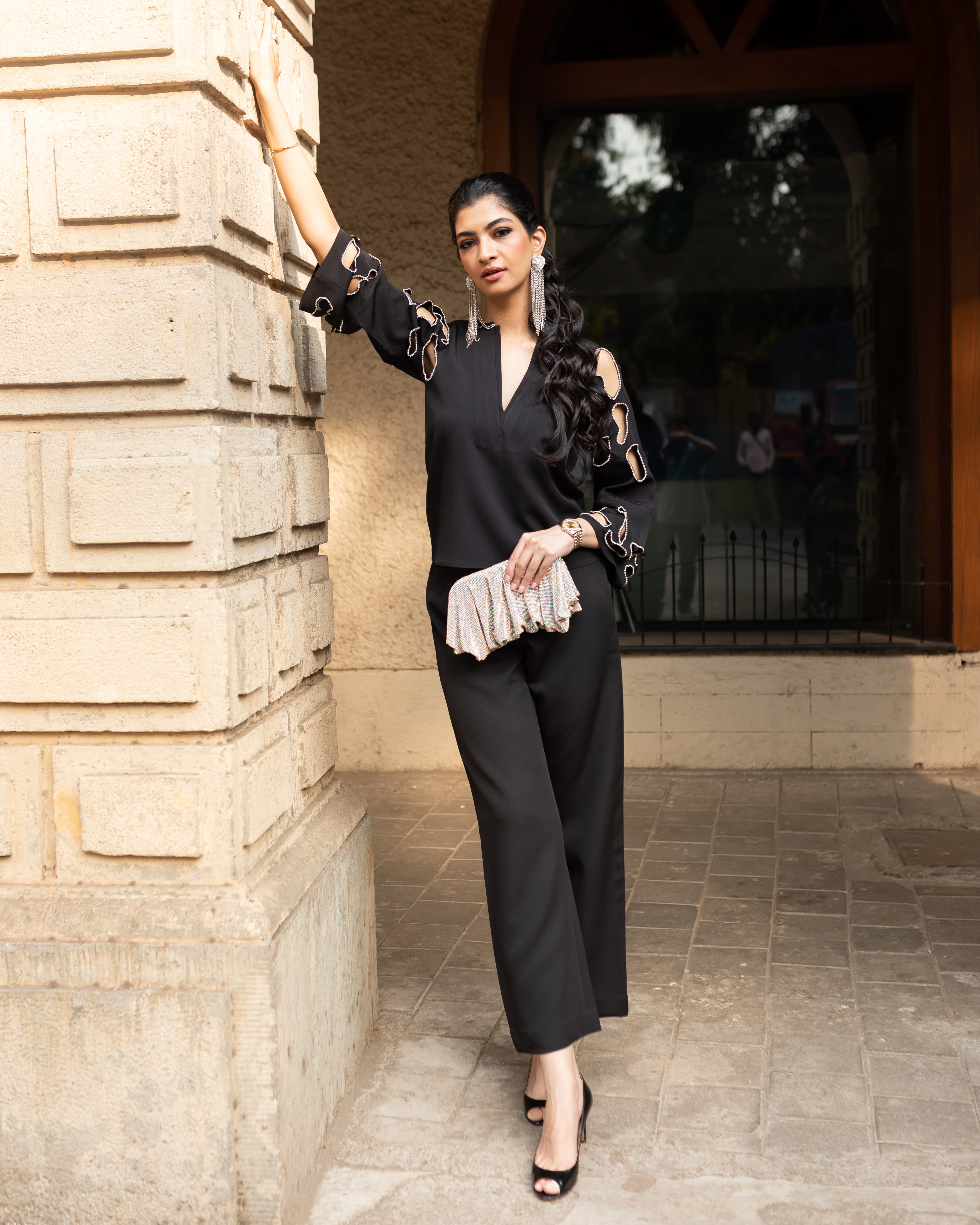 Hanna Khan in Chloe Cut Out Studded Top