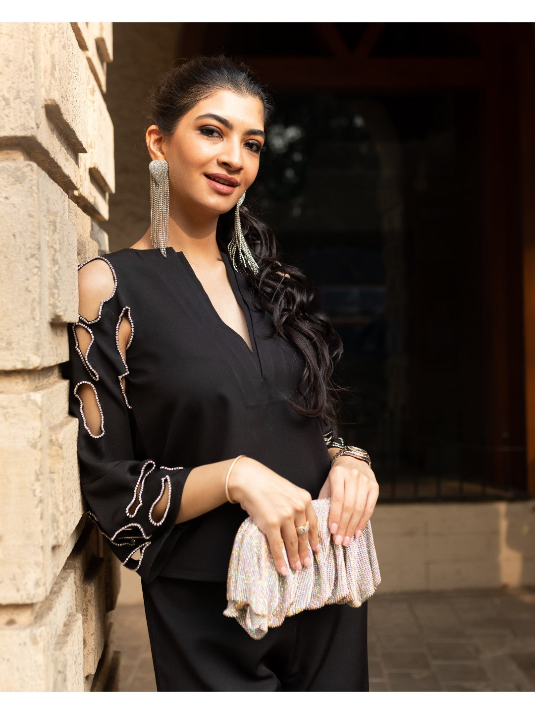 Hanna Khan in Chloe Cut Out Studded Top