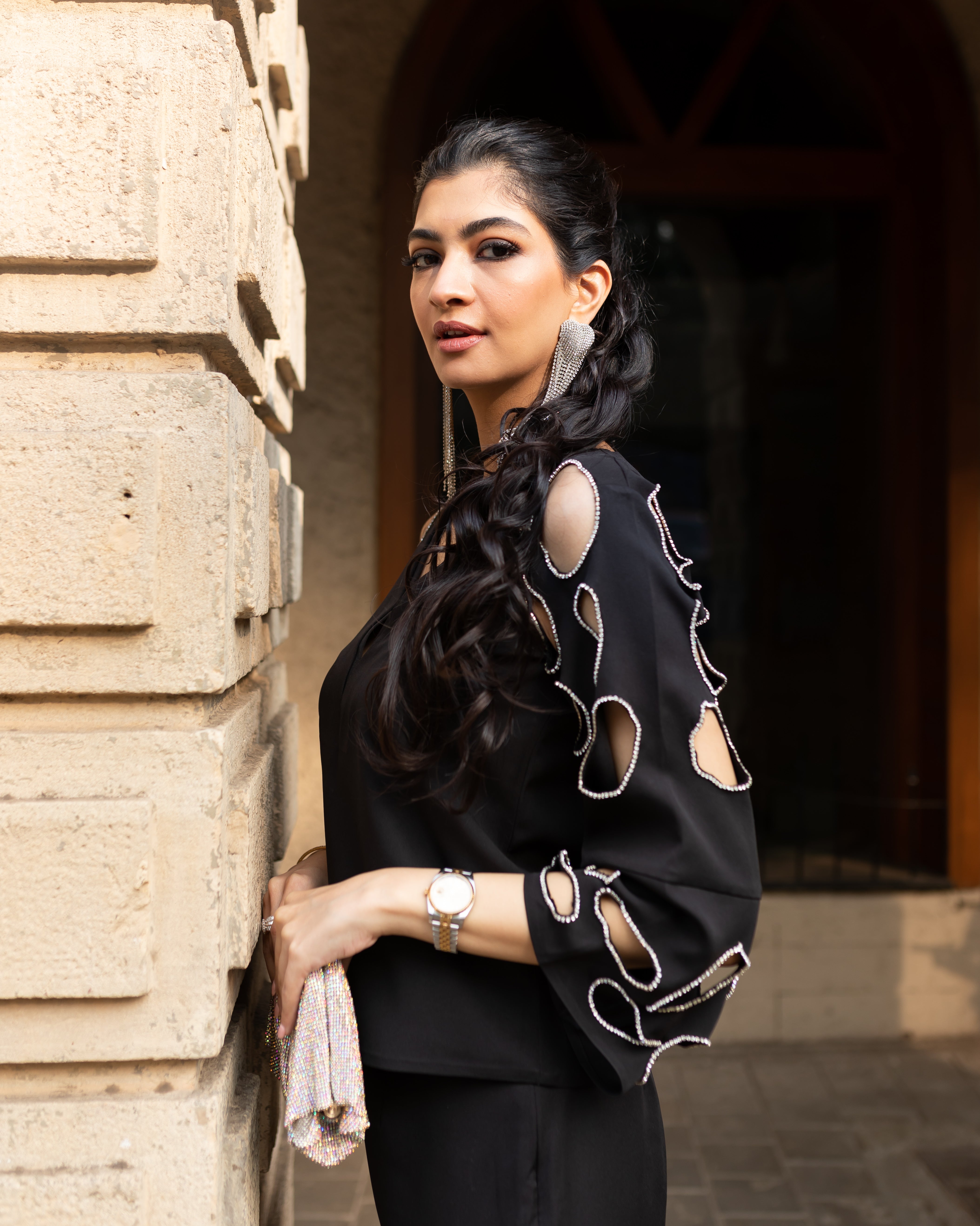 Hanna Khan in Chloe Cut Out Studded Top