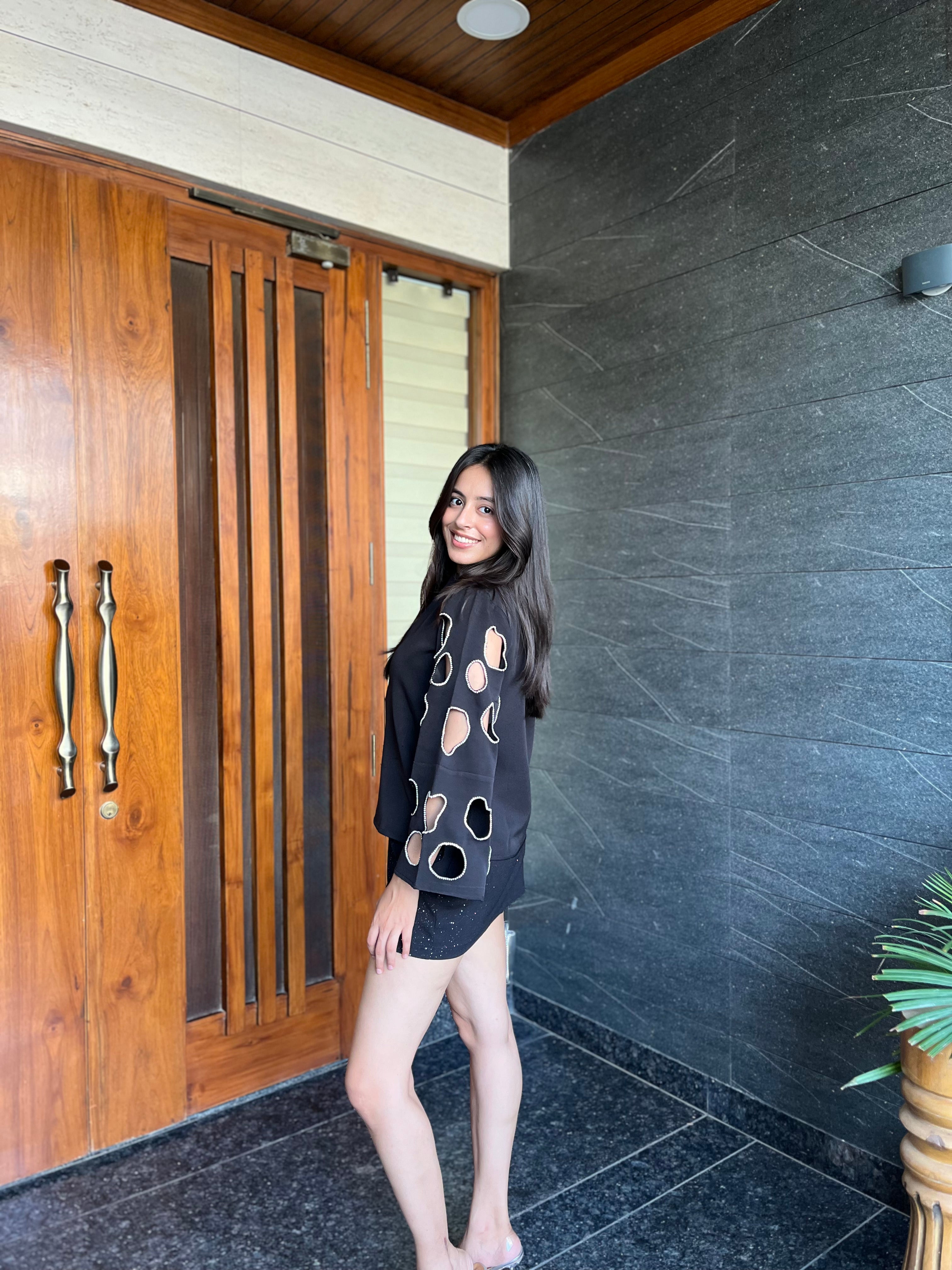 Nishtha Sethi in Chloe Cut Out Studded Top