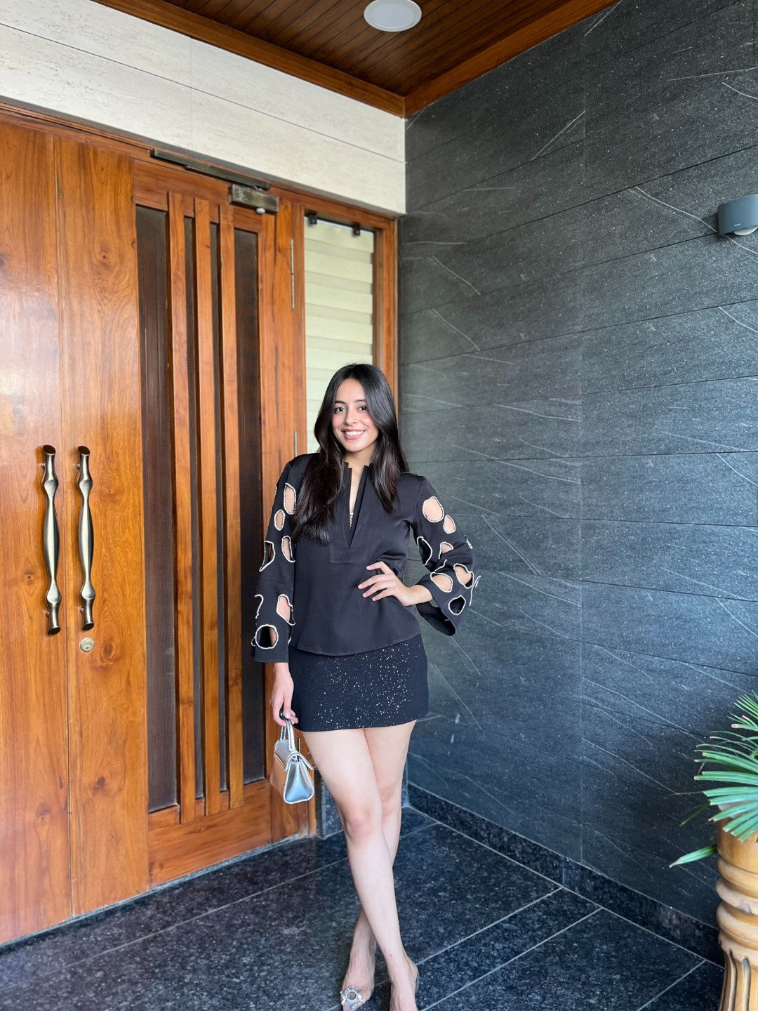 Nishtha Sethi in Chloe Cut Out Studded Top