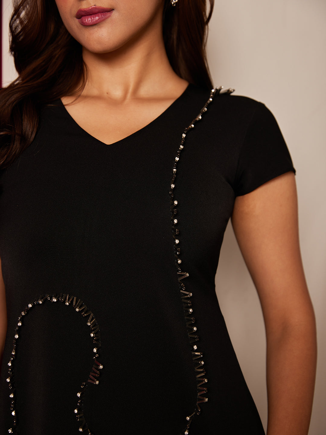 Black Beaded Short Sleeve Dress